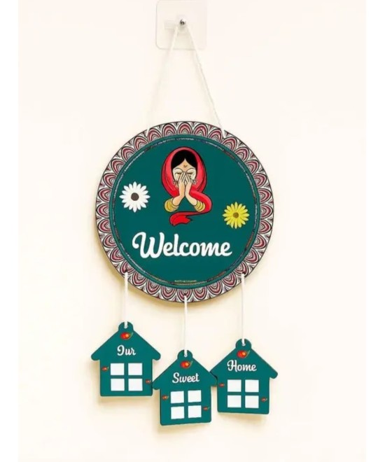 Nitya Trends Stylish Round Wooden Welcome to Our Home Wall Hanging with Hanging Houses