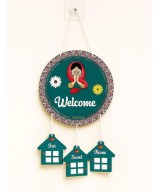 Nitya Trends Stylish Round Wooden Welcome to Our Home Wall Hanging with Hanging Houses