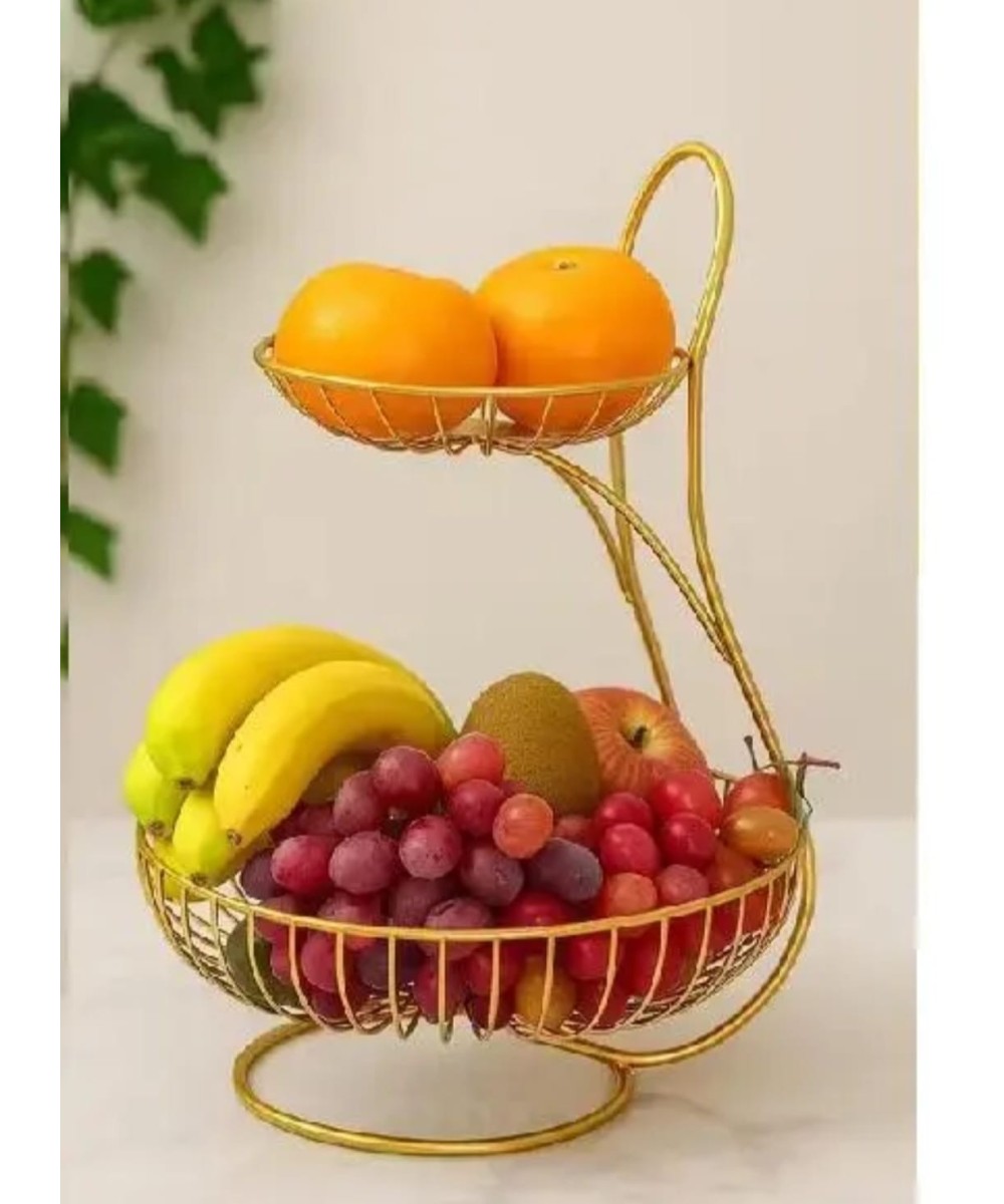 Premium Brass Color 2-Tier Metal Fruit Basket Stand for Kitchen & Dining Table
