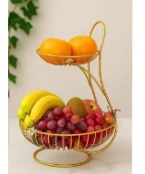 Premium Brass Color 2-Tier Metal Fruit Basket Stand for Kitchen & Dining Table