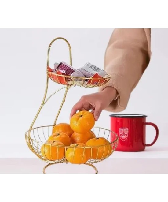 Premium Brass Color 2-Tier Metal Fruit Basket Stand for Kitchen & Dining Table